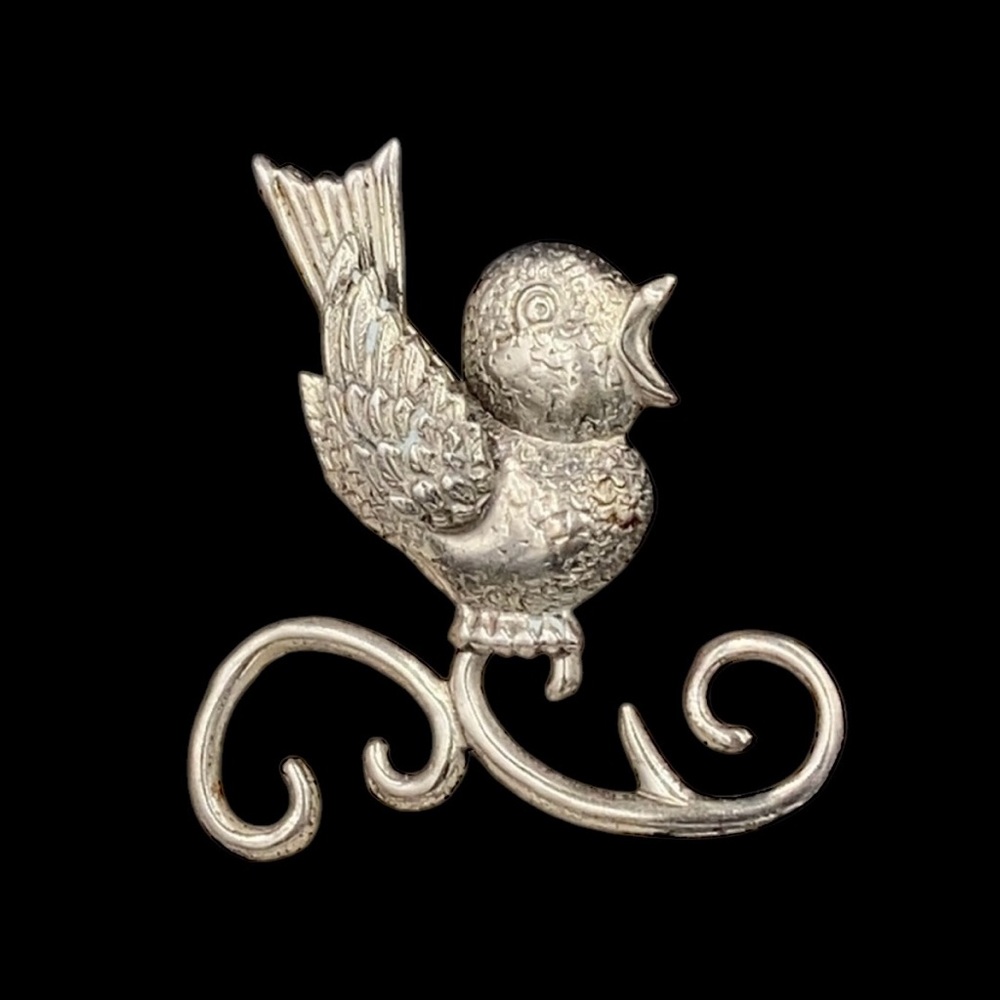 Vintage Lang Sterling Chirping Bird on Branch Brooch